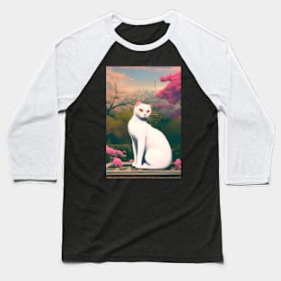 Anime White Cat Surrounded by Flowers. Tokyo Background. Baseball T-Shirt